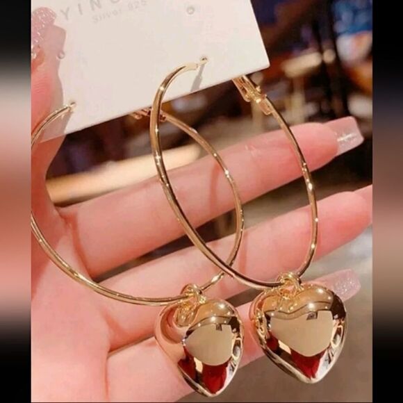Heart Charm Dangle Hoops Earrings - Picture 1 of 4